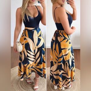 Tropical Printed Cross Wrap Sleeveless Maxi Dress with Spaghetti Straps